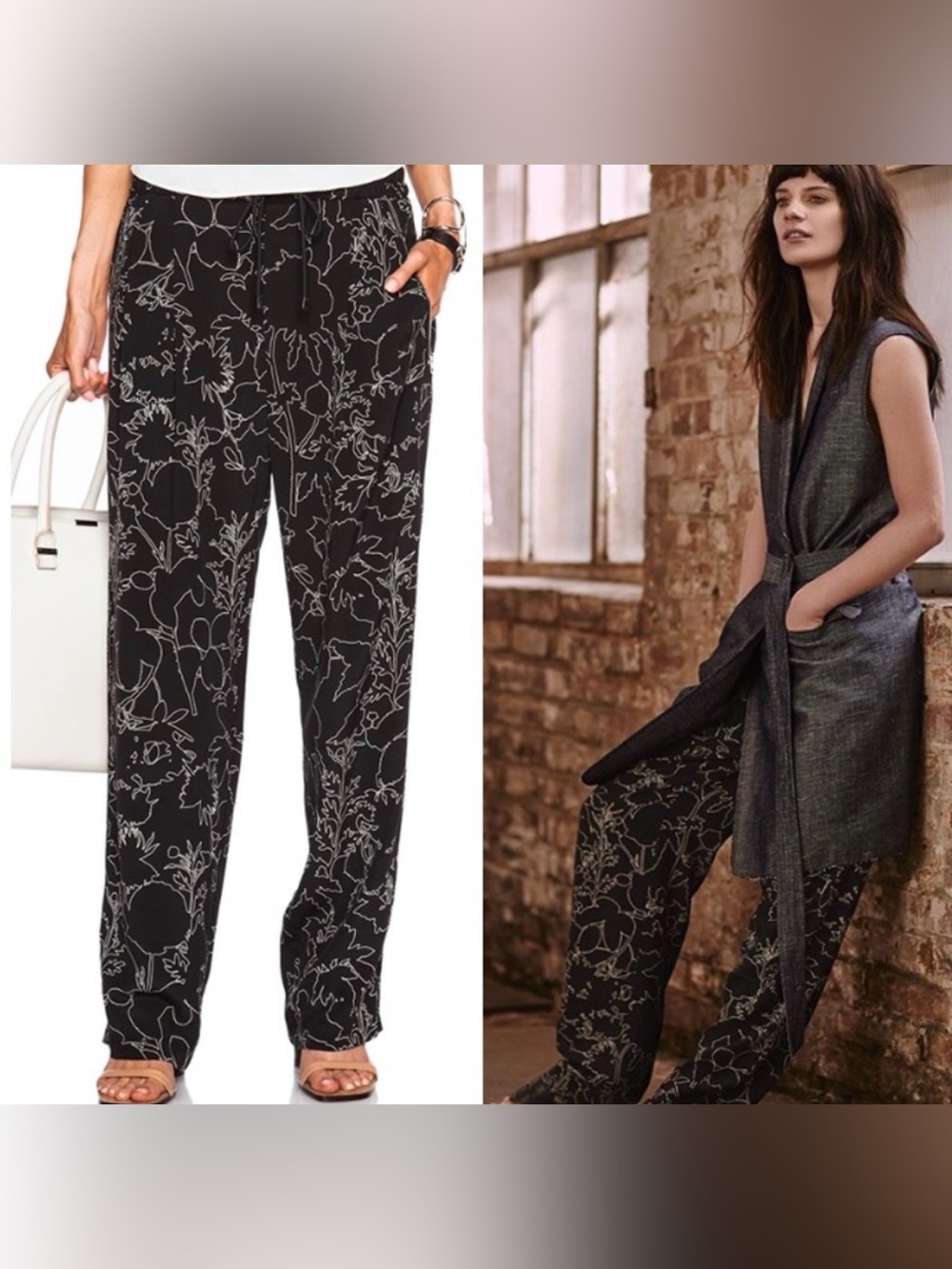 rag & bone Silk Abstract Black Cream Floral Print Harvey Pant Size XS 100% Silk